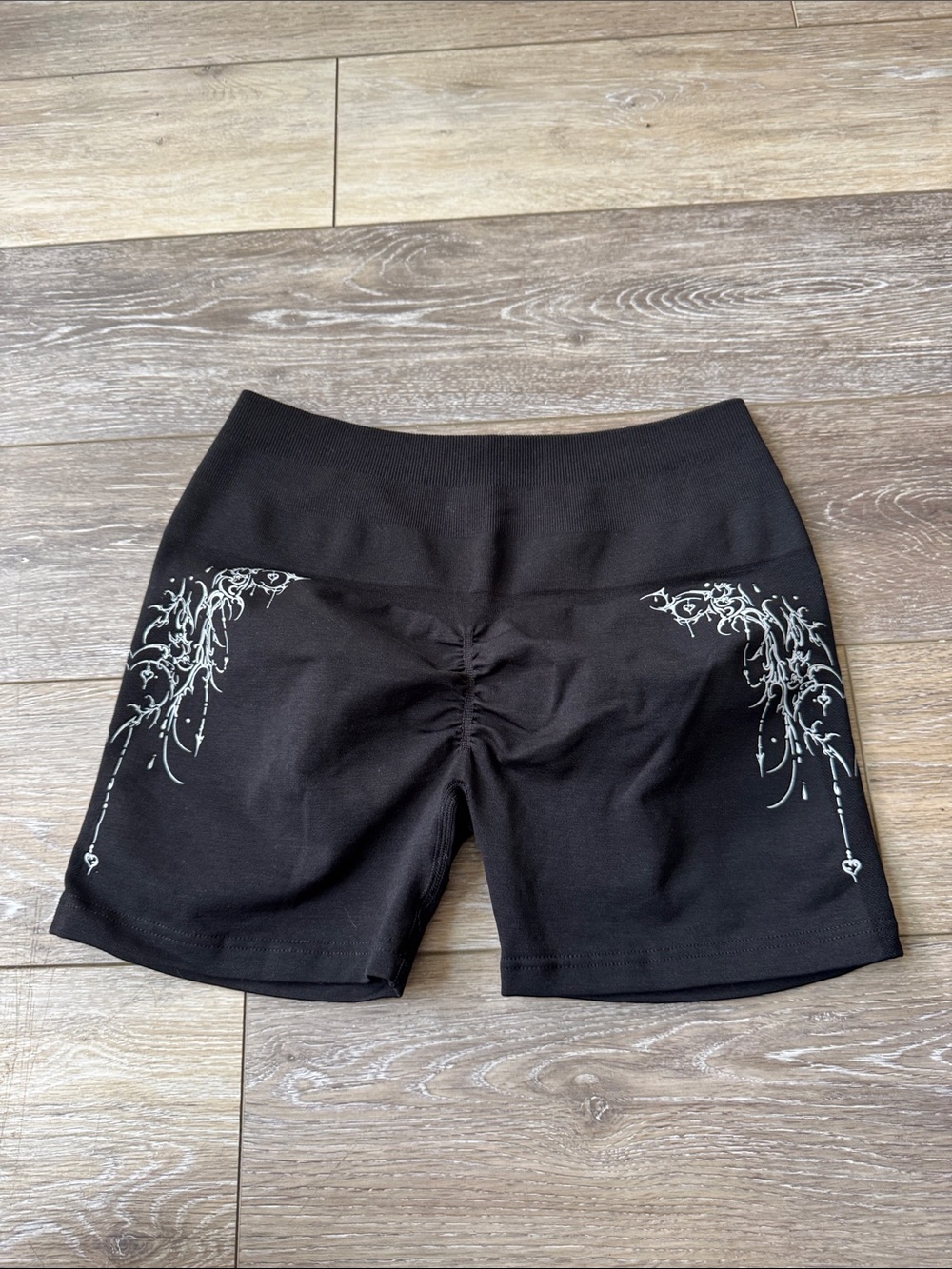 Black Women’s Bike Shorts with White Scroll Accent - Picture 3 of 4